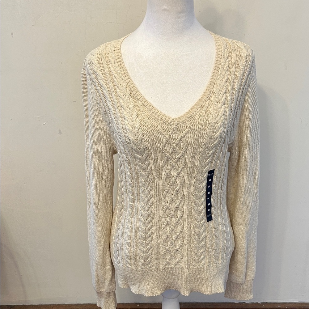 Chaps cream cable knit sparkle V neck sweater Size M New